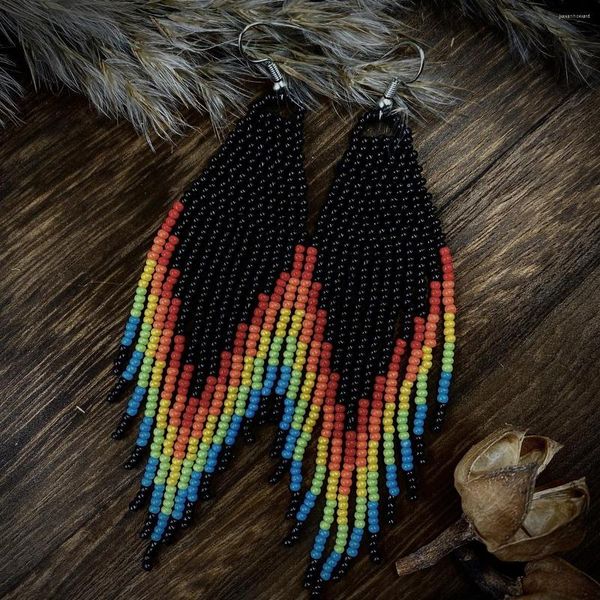 Boucles d'oreilles pendantes perle de riz tricot à la main rétro perlé arc-en-ciel dégradé personnalité bohême géométrie alliage madame gland