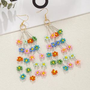 Boucles d'oreilles pendantes en perles de riz, pompon, fleurs, graphique de couleur, originalité, tricot à la main, alliage bohème, mode Simple perlé
