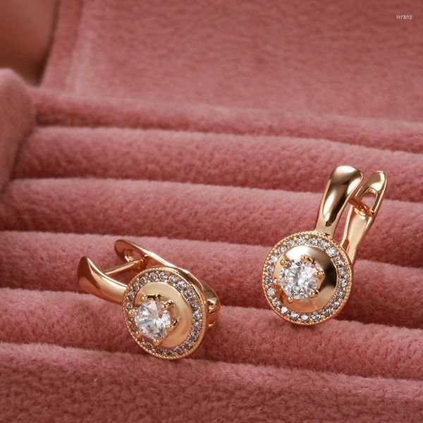 Pendientes colgantes Clip redondo 585 Oro rosa Brillante Incrustación de garra hueca Circón pequeño Fiesta elegante Joyería para niñas