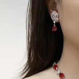 Boucles d'oreilles pendantes couleur rubis, bijoux de luxe pour fête de mariage, goutte de fleur en Zircon