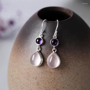 Boucles d'oreilles pendantes Ruifan Pure 925 Sterling Silver Natural Amethyst Rose Quartz Stones Hook Drop Pour Femmes Femme Fine Jewelry YEA226