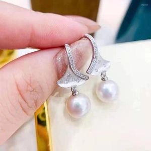 Pendientes colgantes RY pura Plata de Ley 925 redondos 9-10mm perlas blancas de agua dulce tachuelas mujeres perla fina