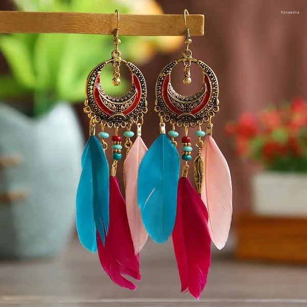 Pendientes Colgantes S Moda Mujer Estilo Étnico Bohemio Joyería De Hojas Borla Larga Retro Pluma Colorida