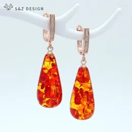 Pendientes colgantes SZ diseño moda colorida flor ámbar gota de agua oro rosa gota para el oído mujeres boda joyería fina