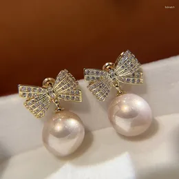 Boucles d'oreilles pendantes S925 pour femmes, romantique, baroque, imitation de perles, zircone cubique, nœud papillon, bijoux fins, goutte de mariage