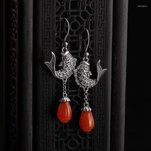 Boucles d'oreilles pendantes en argent pur S925, ensemble de carpe avec orchidée d'agate rouge naturelle du sud, personnalité rétro pour femme