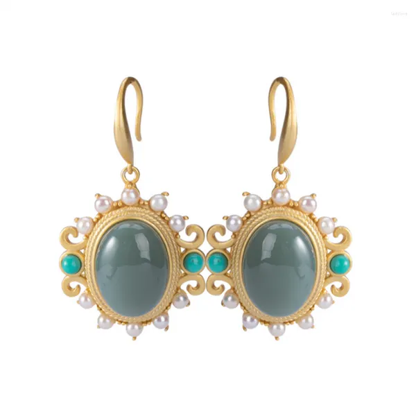 Boucles d'oreilles pendantes en argent pur S925 pour femme, jaspe naturel/perle Turquoise, tempérament plaqué or de haute qualité