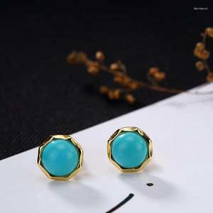 Pendientes colgantes S925 de plata pura chapados en oro con incrustaciones de turquesa redondos para damas de alta gama Baitao Ear Nails al por mayor