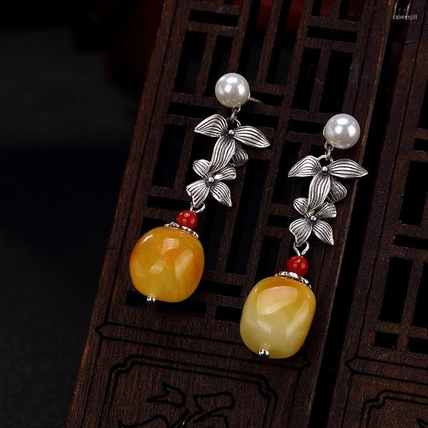 Boucles d'oreilles pendantes S925 argent pur rétro miel naturel cire ambre feuille individuelle enfants de haute qualité et