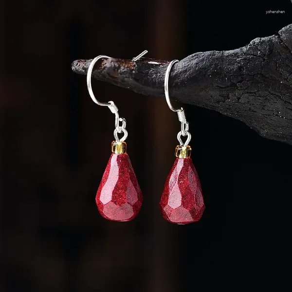 Boucles d'oreilles pendantes couleur argent S925, coupe cinabre pour femmes et filles, rouge, fait à la main, en forme de goutte d'eau, crochet d'oreille en métal, cadeau
