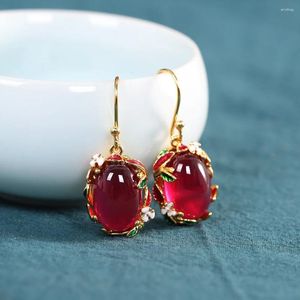 Pendientes colgantes S925 chapado en oro y plata Cloisonne para mujer, joyería de corindón rojo, accesorios finos chinos Retro Hanfu