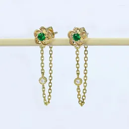 Bengelen oorbellen S925 zilvergouden vergulde Emerald Camellia Tassel Stud granaatappel Red Long Charm Exquise Chinese damesjuwelen