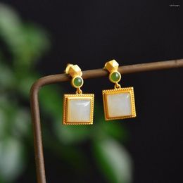 Pendientes colgantes S925 con incrustaciones de plata Hetian Jade blanco Jasper señoras chapado en oro Retro moda pendientes Stud anillos