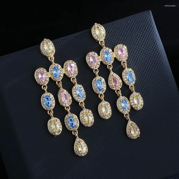 Boucles d'oreilles en peluche S925 Silver Luxury Micro-set Zircon Exquis Colorful Senior Long Ladies Party Birthday Jewelry Gift