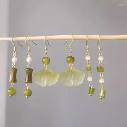 Boucles d'oreilles pendantes en argent S925, aiguille, Style chinois, délicat crochet d'oreille en bambou pour femmes et filles, pompon en pierre concassée douce