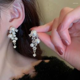 Boucles d'oreilles pendantes en argent S925, perçage d'aiguilles en cristal, goutte de perle pour femme, luxe, tempérament coréen, vêtements quotidiens pour filles, bijoux de fête