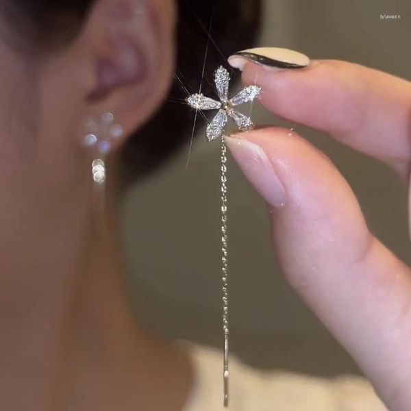 Boucles d'oreilles en peluche S925 Ligne d'oreille à aiguille à aiguille en argent long pour femmes zircon fleur perçage accessoires d'oreille de filet