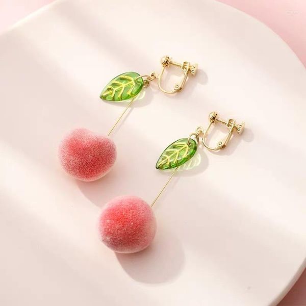 Boucles d'oreilles pendantes S925 argent aiguille rose pêche oreille Clips pas percé frais et mignon fille coeur année bijoux pour femmes en gros