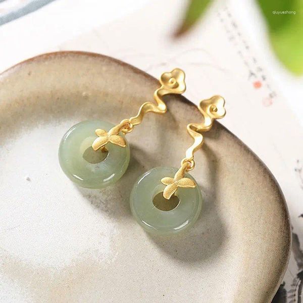 Boucles d'oreilles pendantes en argent Sterling S925, nuage de bon augure Ruyi, clou naturel Hetian Jade gris, boucle de paix de Style ancien