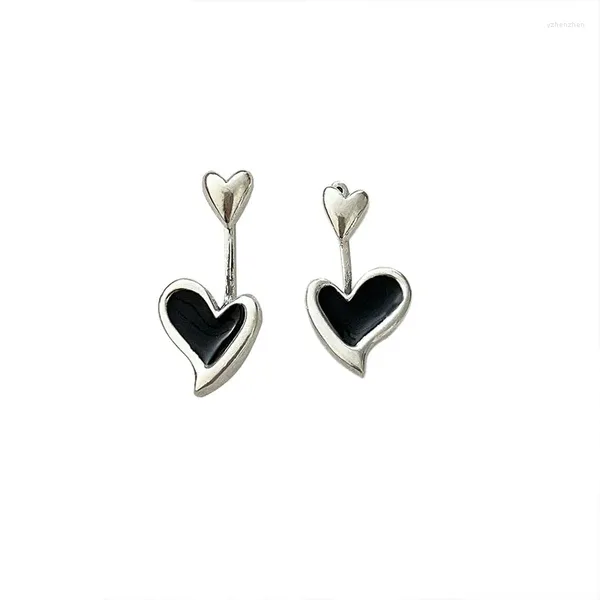 Pendientes colgantes Plata de ley S925 Doble amor Gota negra Pegamento Desplazamientos Alto sentido INS Estilo fresco