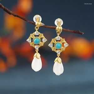 Boucles d'oreilles en peluche S925 argent sterling incrusté turquoise et tianyu tempérament de la mode féminine en or shi libre personnalisé