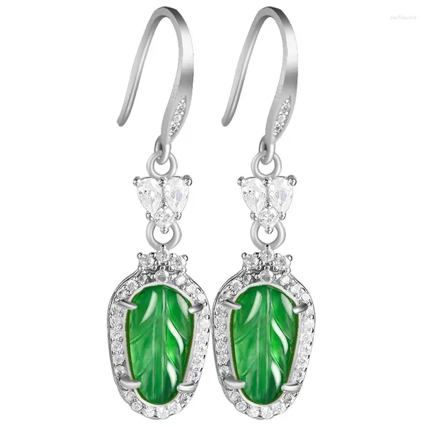 Boucles d'oreilles pendantes en argent Sterling S925 incrusté de produits naturels, Jade soleil vert feuille d'arbre pierre crochet d'oreille pour femmes petit frais