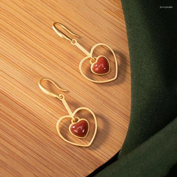 Boucles d'oreilles pendantes en argent sterling S925 incrusté de rouge du sud en forme de cœur pour femme, pierre d'agate exquise, boucles d'oreilles personnalisées, mode Ret