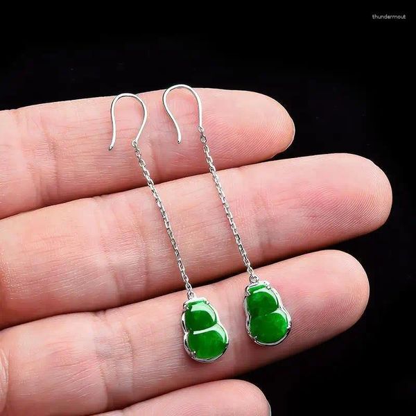 Pendientes colgantes de plata de ley S925 con incrustaciones de Jade, gancho para la oreja de calcedonia, temperamento de calabaza verde completo para mujer