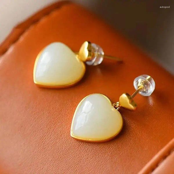 Boucles d'oreilles pendantes en argent Sterling S925, clou en forme de cœur, Jade Hetian naturel, blanc, personnalité, élégant, Simple