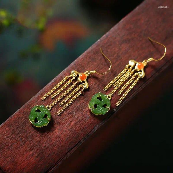 Boucles d'oreilles pendantes en argent Sterling S925, Jade Hetian naturel, Xiangyun, jaspe vert épinard, petite fleur, ornement chinois rétro