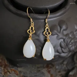Boucles d'oreilles pendantes en argent Sterling S925, ornement à la mode, forme de goutte exquise, Jade Hetian naturel blanc rétro