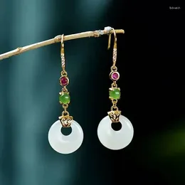 Boucles d'oreilles pendantes en argent sterling S925, pendentif rond en jade incrusté de jaspe rétro blanc hétien naturel, embellissement