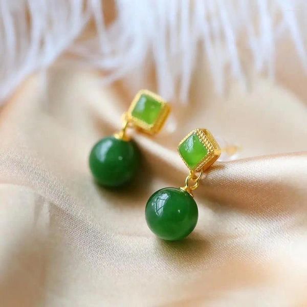 Boucles d'oreilles pendantes en argent Sterling S925, perles rondes, en Jade naturel Hetian, longues boucles d'oreilles en jaspe, épinards, vert