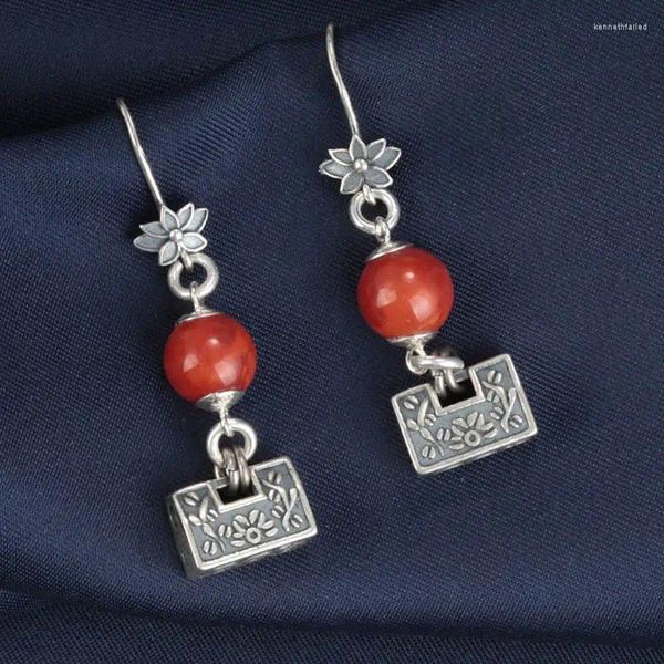 Pendientes colgantes de plata de ley S925 para mujer, ágata roja del Sur, cierre Ruyi, joyería colgante de loto de estilo étnico Retro, venta al por mayor, EH235