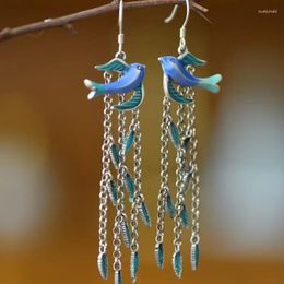 Boucles d'oreilles en peluche S925 Sterling Sillow Swallow Pichet Women's Vintage Dreamgled Style Blue Craft Return Oree Hooks