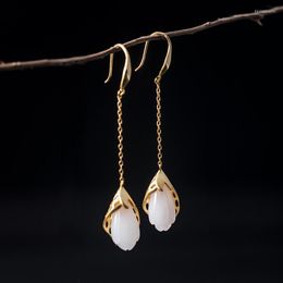 Boucles d'oreilles pendantes S925 argent Sterling blanc Magnolia femme Style chinois longue ancienne Hanfu Cheongsam accessoires Jade