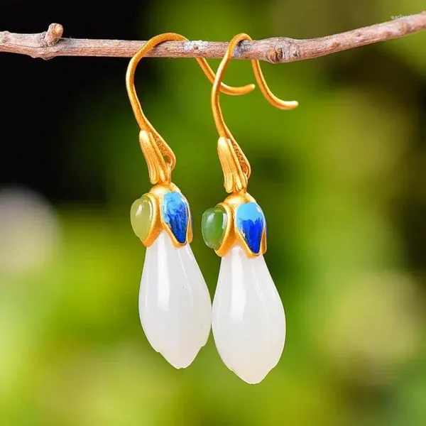 Boucles d'oreilles en peluche S925 Orchidée de jade blanc en argent sterling avec une fleur d'émail verte de néphrite Hétienne Géronnelle d'oreille de boucle d'oreille Mom cadeau