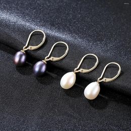 Boucles d'oreilles pendantes SA SILVERAGE, perles noires, pour femmes, or jaune, goutte 8-9mm, argent 18 carats, simples et élégantes