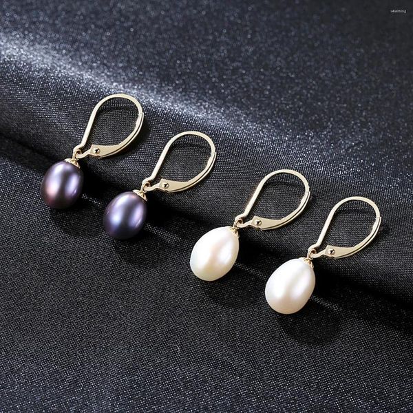 Pendientes colgantes SA SILVERAGE Pendientes de perlas negras para mujer Gota de oro amarillo 8-9 mm Plata 18K Simple y elegante