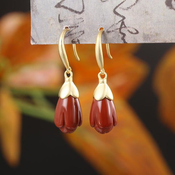 Pendientes colgantes SA SILVERAGE Moda Mujer Aretes De Mujer Joyería Mujer S925 Plata esterlina Color oro Magnolia Ágata roja