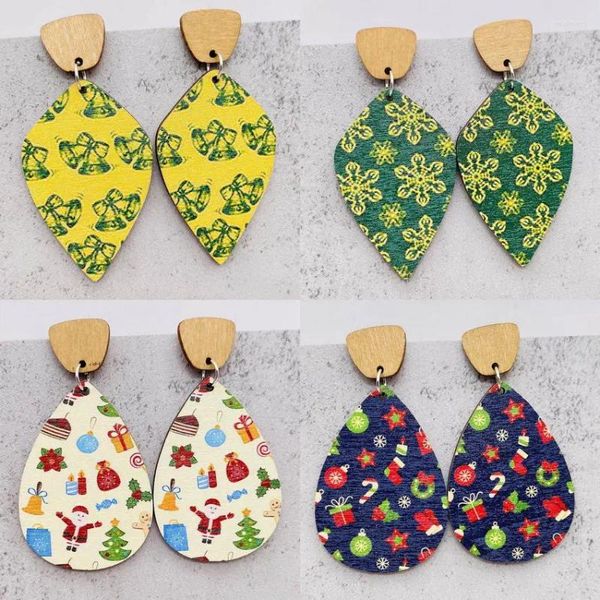 Pendientes colgantes Santa Claus Bell Stocking regalos impreso madera lágrima Navidad para mujer moda al por mayor