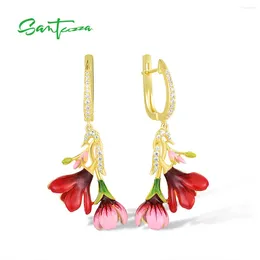 Boucles d'oreilles pendantes SANTUZZA 925 en argent sterling pendantes pour femmes scintillantes zircon cubique blanc fleur rouge bijoux fins chics émail
