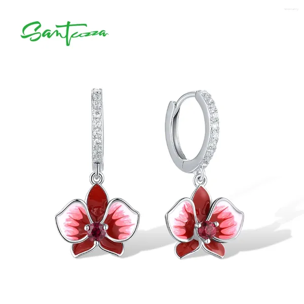 Boucles d'oreilles en pente Santuzza Pure 925 Drop en argent sterling pour les femmes brillantes blanches CZ créé Ruby Email Flower Wedding Fine Jewelry