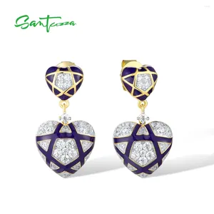 Boucles d'oreilles en pente Santuzza Real 925 Sterling Silver Stud pour femmes Sparkling White Cz Blue Heart to Enamel Wedding Fine Jewelry Set