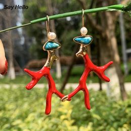 Boucles d'oreilles pendantes dites bonjour Boho, pierre naturelle verte, perle de corail pour femmes, cadeaux originaux en métal faits à la main, Brinco