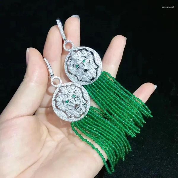 Pendientes colgantes, venta de Jade VERDE Natural, Micro incrustaciones de circonita, accesorios de cabeza de leopardo, joyería fina