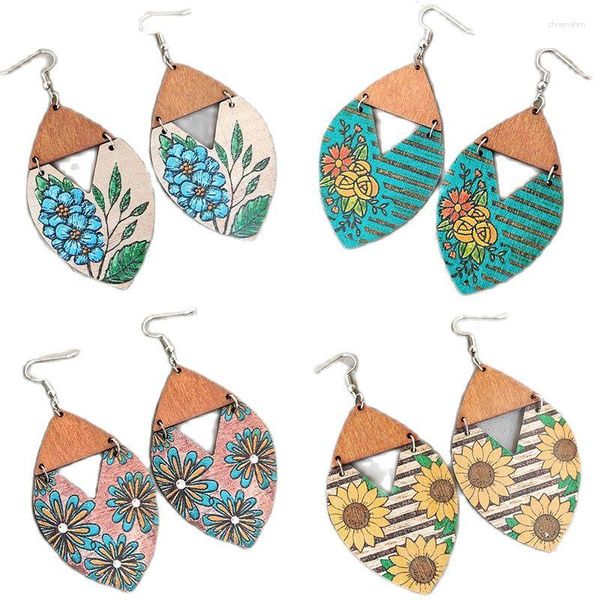 Boucles d'oreilles pendantes vente bohème tournesol rayure grande fleur épissage cadeau en bois en gros