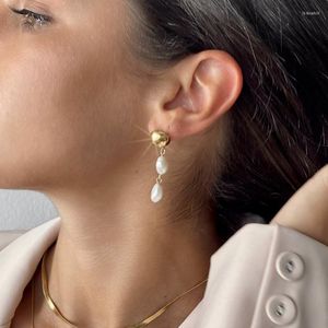 Boucles d'oreilles pendantes Semi sphère vraie perle en acier inoxydable pour les femmes Simple minimaliste bijoux délicats été vacances bijou