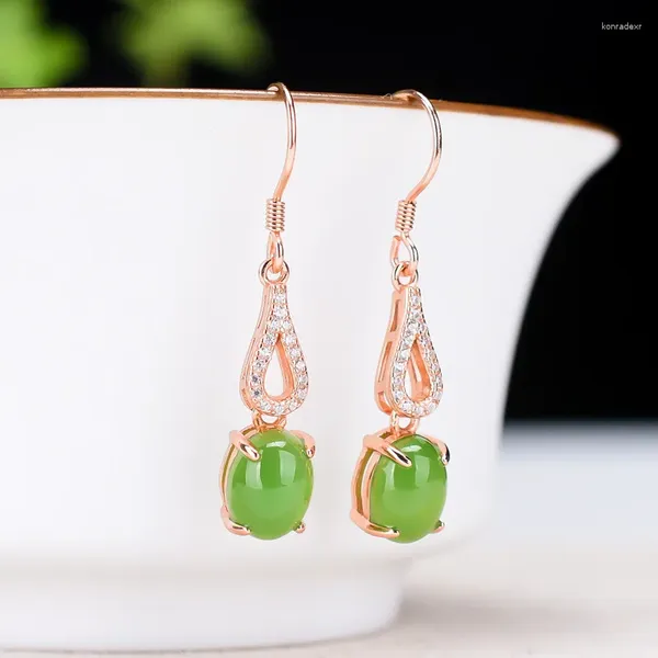 Boucles d'oreilles pendantes envoyer un certificat naturel Hetian vert Jade 925 en argent Sterling avec Zircon or Rose boucle d'oreille goutte femmes bijoux