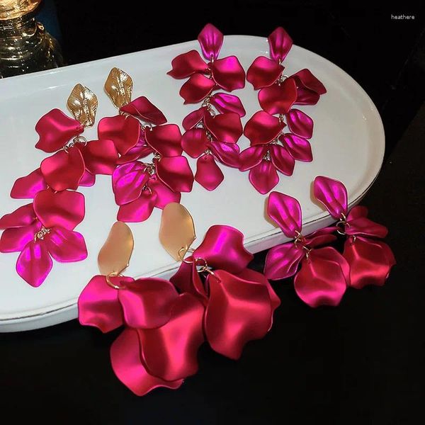 Boucles d'oreilles pendantes sexy rose rouge enthousiasme longue goutte pour femmes romantique fleur pétale glands dames accessoires euro luxe fête bijoux